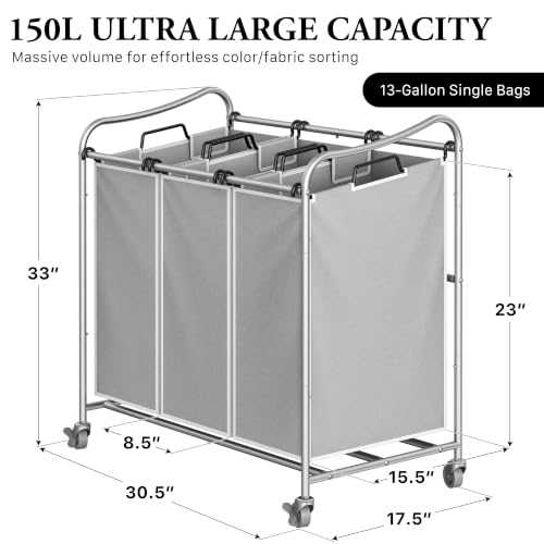 Simple Houseware Heavy Duty 3-Bag Laundry Sorter Rolling Cart, Silver - color: Silver