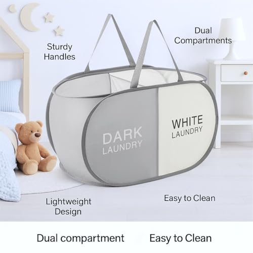 Laundry Hamper with Compartments, Foldable Dirty Clothes Basket, Dual Sorting Storage Organizer with Handles for Toys, Baby Clothes, Oxford Fabric, Grey & Beige