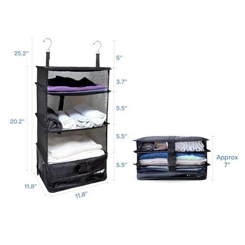 Grand Fusion Stow-N-Go Hanging Travel Shelves, Packing Organizer for Luggage. Carry on Closet for Suitcase. Expandable Packing Cube. Travel Essentials. (Black - L, L = (L) 11.8" x (W) 11.8") - color: Black, size: L = (L) 11.8" x (W) 11.8"
