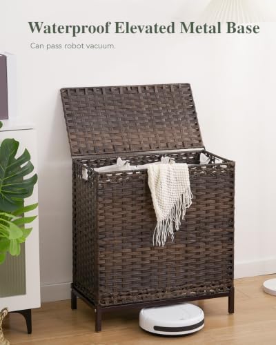 SETVSON Laundry Hamper with Lid, 35 Gal 3-Bag Clothes Sorter, Brown - color: Brown, size: 132 L - 35 gal