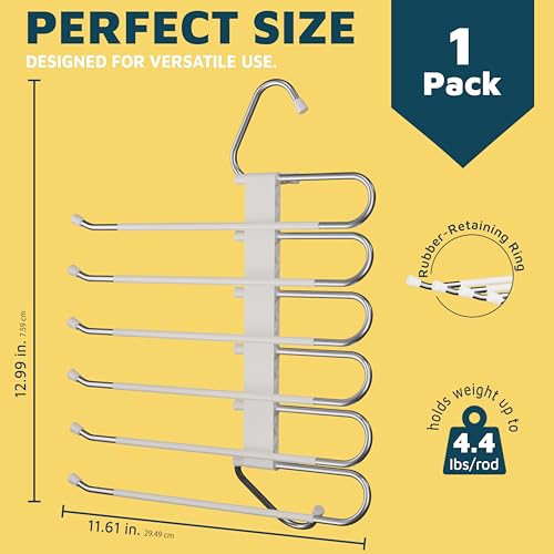 Lifemaster Space Saving Pants Hangers 1 Pack, 6 Layer Jeans Hangers & Closet Organizer for Jeans, Scarves, & Skirts, Multi-Layer Hanger with Anti-Slip Stopper, Heavy-Duty S-Type Stainless Steel, White - color: White, size: 1 Pack