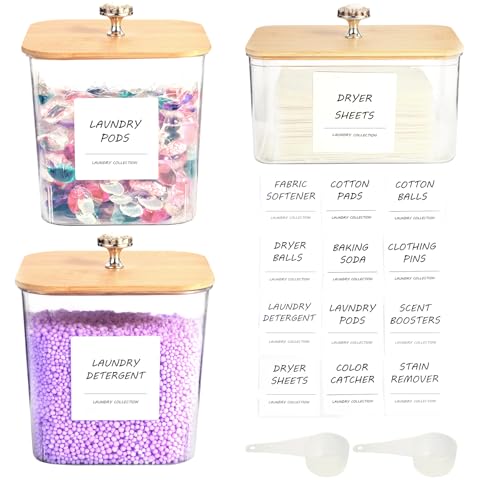 3 Pack Laundry Room Organization Storage Containers, Plastic Clear Laundry Pods Container & Dryer Sheet Holder Jars with Lids, Scoops & Labels for Detergent, Powder, Dryer Balls, Beads - color: 3pcs-square