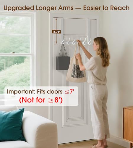 KitchLife Long Over The Door Hooks Hanger with 15.75" Extended Arms, Fits 1 3/4" Doors, F40U, 6 Double-Hanger Design Thickened Heavy Duty Bathroom Towel Rack Organization, Glossy White, 1 Pack - color: Glossy White, size: Fits 1 3/4" Doors with 15.75" Arm