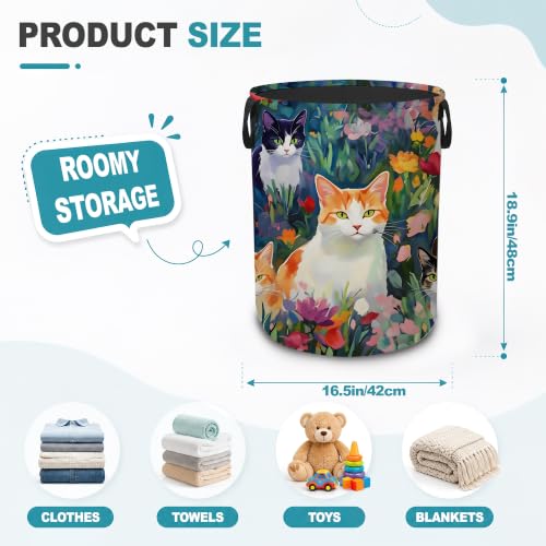 Cute Cats Floral Portable Laundry Hamper,Flower Garden Collapsible Clothes Basket with Handles,Waterproof Oxford Cloth Organizer for Dorm Bedroom Bathroom Nursery,16 x 20 Inch - color: Cute Cats Floral,Flower Garden