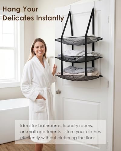 2 Pack 3-Tier Sweater Drying Rack with 2 Over-The-Door Hooks, Portable Folding Clothes Drying Rack, Hanging Mesh Laundry Drying Rack for Apartments, Dorms, Bathroom, Delicates (Black)