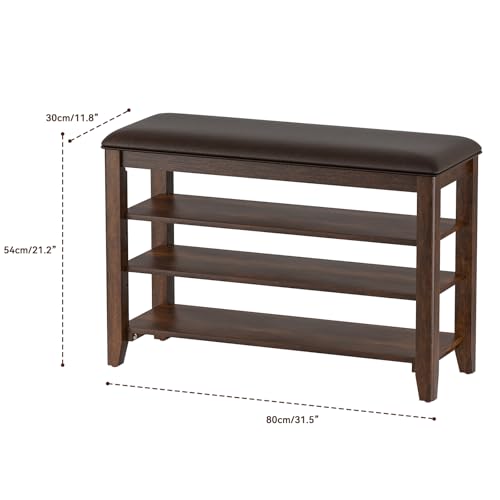 Taitiy Shoe Rack Bench for Entryway, Solid Wood, 3 Tier Adjustable Shelves - color: Walnut, size: 31.5''