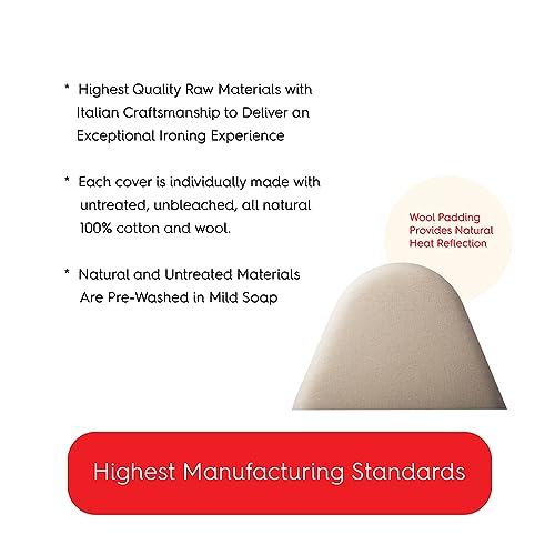 TIVIT Ironing Board Cover 18 x 50 Wide Chemical Free Eco-Friendly Padded Covers - Unbleached, Untreated Natural Cotton & Wool Pad - 2 Layer, 3 Fastener Straps, Pull Bungee Cord - Made in Italy - size: 18x50