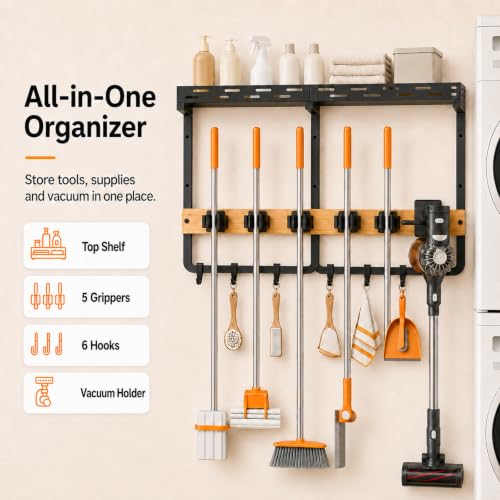 Large Broom Holder and Mop Organizer Wall Mount with Shelf - size: Large