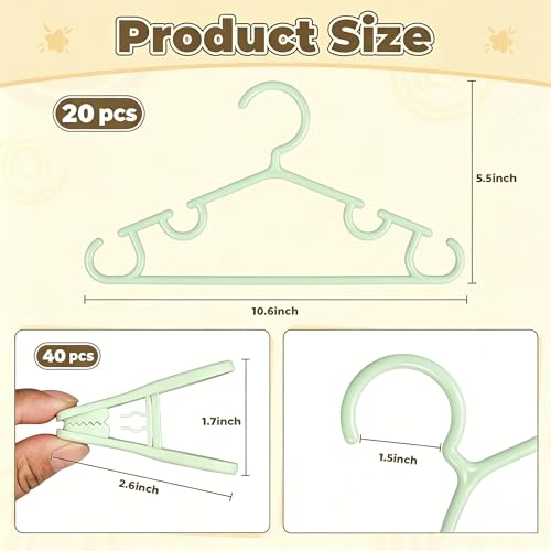 Baby Hangers w/Clips (20 Hangers & 40 Clips) Kids Clothes Hangers - color: Green