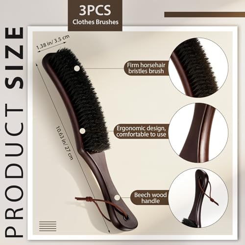Thenshop 3 Pcs Clothes Brushes Large Beech Wood Handle Soft Horse Hair Bristle Lint Brush for Hat, Suits, Velvet, Suede, Shoe and Pet Hair
