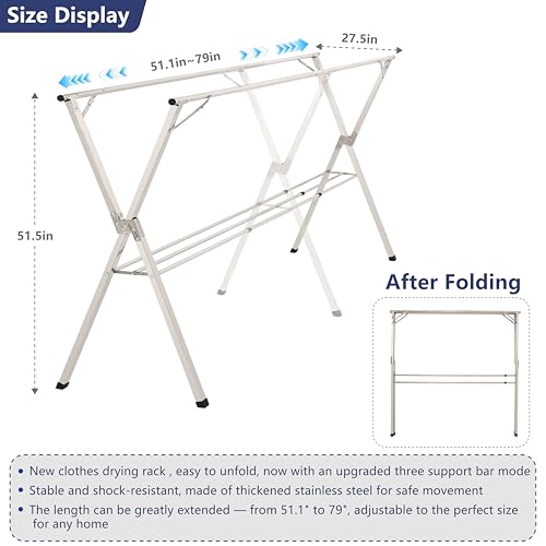 79 inches Foldable Clothes Drying Rack, Stainless Steel Indoor Outdoor Use - size: 79