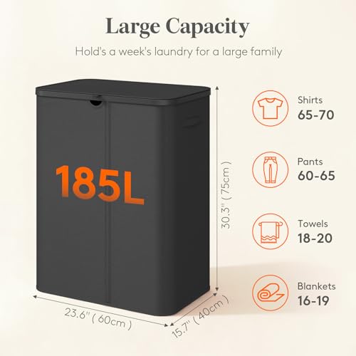 Lifewit 185L 3 Section Laundry Hamper with Lid, Laundry Basket, Black - color: Black, size: 185L
