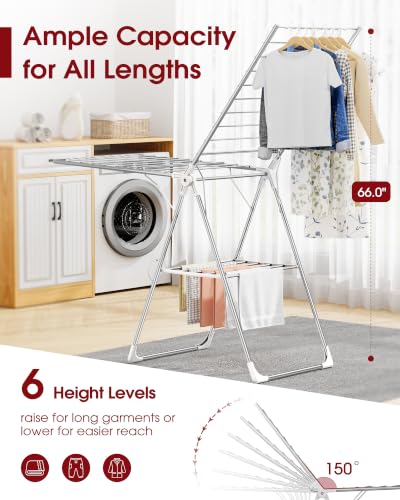 Sakugi Clothes Drying Rack, 69.5" Adjustable Wings, Foldable Design - color: Silver & White, size: XX-Large (69.5"L x 22.8"W x 36.6"H)