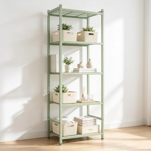 Storage Shelves, Metal Shelving Unit with Adjustable Feet, Shelf Organizer for Garage, Kitchen, Pantry and Closet Organization,17.7" x 11.8" x 56.3" (5T), Sage Green - color: Sage Green, size: 17.7" x 11.8" x 56.3"(5T)