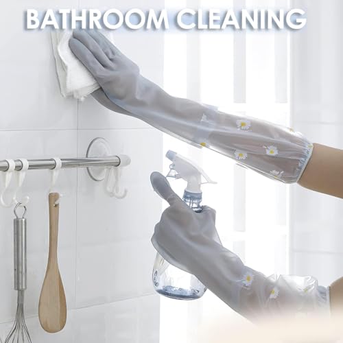 1 Pair M Code Reusable Rubber Dishwashing Gloves,Long Waterproof Cleaning Gloves with Elastic Cuffs for Kitchen Laundry Gardening Household(Blue)
