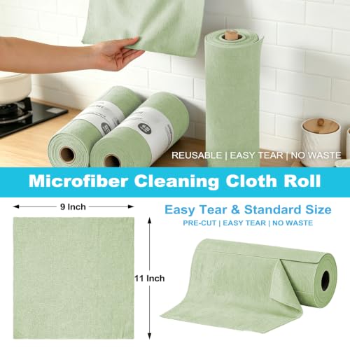 Puomue 55 Pack Microfiber Cleaning Cloth Roll, Tear Away Reusable Paper Towels, 11" x 9", Ultra Absorbent & Lint Free Microfiber Cloth for Cleaning Cars, Kitchen, Window, Home and Shop, Olive Green - color: Olive Green, size: 9”x11”-55PK