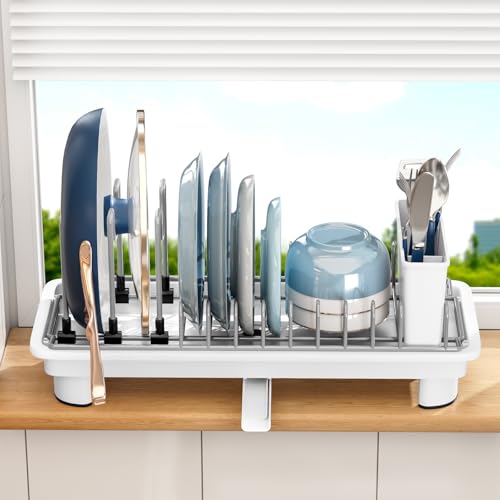Compact Dish Drying Rack with Utensil Holder – Small Countertop Dish Drainer with 360° Rotating Drain Spout, Stainless Steel Dish Rack for Kitchen Sink, Space-Saving Design for Small Kitchen, White - color: White