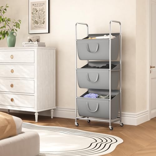 ELYKEN 3-Tier Vertical Rolling Laundry Hamper with Wheels & Removable Bags - color: Gray