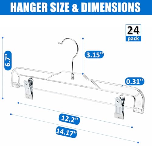 Amber Home 24 Pack Clear Plastic Pants Hangers with 2 Adjustable Clips