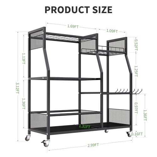HOTEAGLE Garden Tool Organizer for Garage with 35.4” Width(High Stability), Outdoor Metal Utility Rolling Carts with Mute Wheels & 18.5mm Thick Rods, Easy to Clean, Black