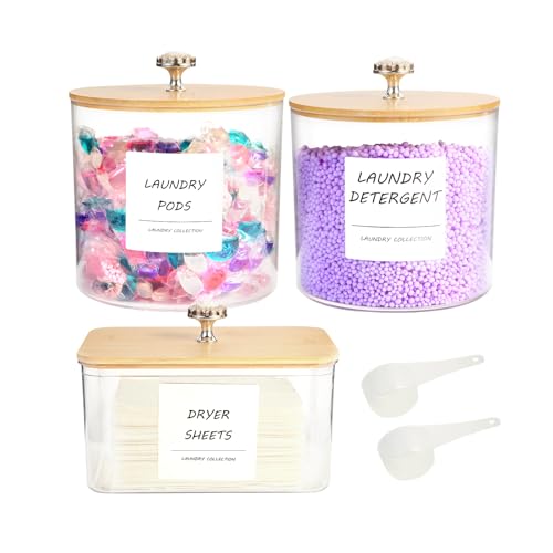 3 Pack Laundry Room Organization Storage Containers, Plastic Clear Laundry Pods Container & Dryer Sheet Holder Jars with Lids, Scoops & Labels for Detergent, Powder, Dryer Balls, Beads - color: 3pcs-round