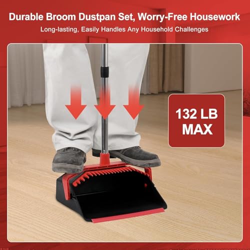 Large Upright Broom and Dustpan, Heavy Duty Dust Pan with 51" Long Handle for Indoor Outdoor Garage Kitchen Room (Black and Red) - color: Black and Red