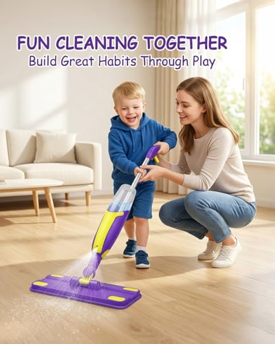 Kids Spray Mop, Fun & Functional Toddler Mop Cleaning Set,Real Working Mini Mop, Pretend Play Toy –Includes Spray Bottle,Washable Microfiber Pads, Montessori Kids Cleaning Toy Set