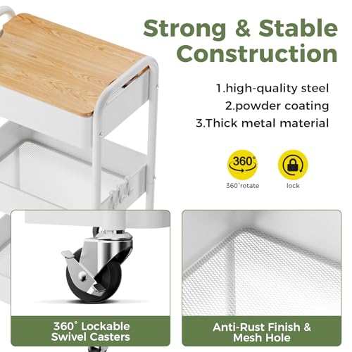3-Tier Rolling Cart with Table Top, Metal Utility Cart on Wheels - color: White