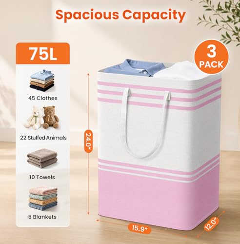 TranquilRelax 3-Pack Laundry Basket, Laundry Hamper, Pink-75L - color: Pink, size: 75L