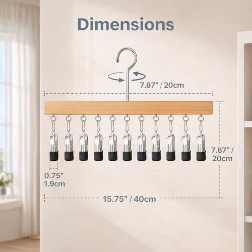 Pure Wood Rotating Closet Organizer with 12 Clips, Legging Hangers for Closet Organizer- 360 Rotating Metal Clips with Silicone Lining, Space Saving Hanging for Jeans Skirts Socks (1)