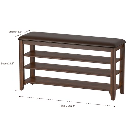 Taitiy Shoe Rack Bench,3 Tier Adjustable Shelves Rubberwood 39.4'' - color: Walnut, size: 39.4''
