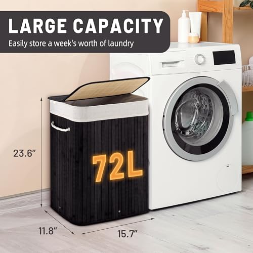 Aliphon 72L Slim Laundry Hamper with Lid, Foldable Bamboo Clothes Laundry Basket with Handles, Removable and Machine Washable Liner, for Bedroom, Bathroom, Dorm, Ink Black - color: Ink Black, size: 72L