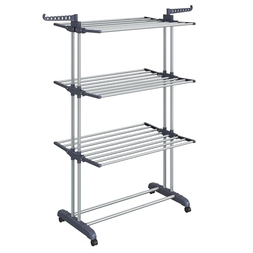 SONGMICS 4-Tier Clothes Drying Rack, Foldable, Rolling, 66.6-Inch Tall - color: Dove Gray, style: 4-Tier