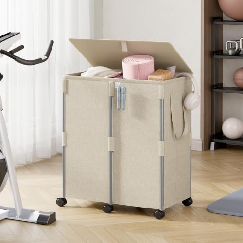 140L Double Laundry Hamper with Lid and 6 Wheels, Rolling Laundry Basket - color: Beige, size: 140l(24.8"l X 14.2"w X 26"h)