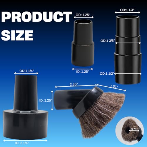 Universal Shop Vac Brush Attachment Kit – 2-1/2'' Dust Brush (PP) & 1-1/4'' Horse Hair Vacuum Brush with 2-1/2'' & 1-7/8'' to 1-1/4'' Vacuum Hose Adapters for Wet/Dry Vacuums