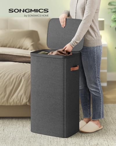 SONGMICS Laundry Basket, 100L Laundry Hamper with Lid, 1 Removable Bag - color: Ink Black, size: 100 L (1-Section)
