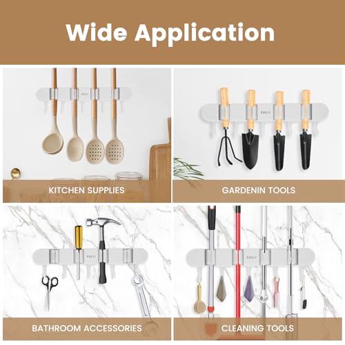 2Pcs Broom Holder Wall Mount, No-Drilling Self-Adhesive Mop and Broom Storage Rack with Hooks (4 Racks with 5 Hooks), Wall-Mounted Broom Hanger for Bathroom, Kitchen, Closet, Garage (White ) - color: White 