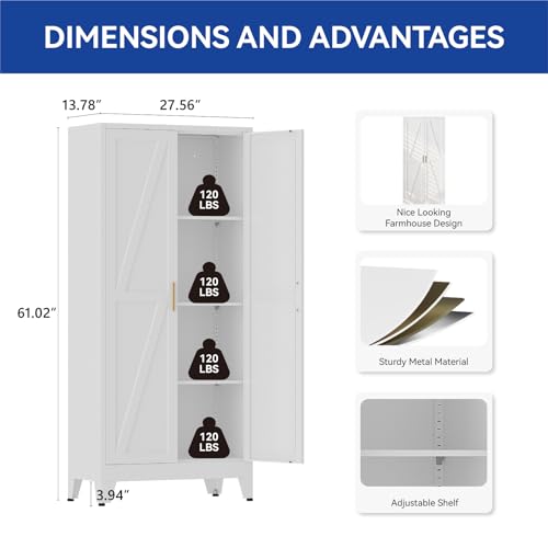 COFaR 61'' Tall Metal Storage Cabinet, Farmhouse Kitchen Pantry Cabinet with Doors and 3 Adjustable Shelves, White Metal Cabinets for Kitchen, Bathroom, Laundry, Garage, 4-Tier - color: White, size: 13.78''D ×27.56''W × 61.02''H-S06