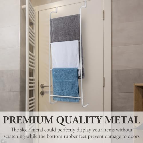 MyGift 4 Tier White Metal Over the Door Towel Rack Bathroom Holder Ladder