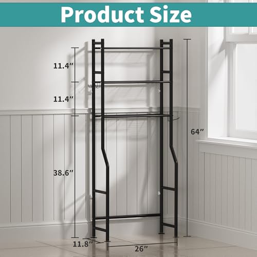 3-Tier Over The Toilet Storage Organizer, Space-Saving Bathroom Rack with Paper Holder & 4 Hooks, 64" Tall Freestanding Carbon Steel Shelf for Small Apartment Laundry Room (Black) - color: B-black