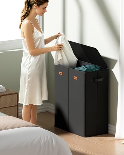 150L Double Laundry Hamper with Lid – 2-Section Clothes Hamper with Removable Bag for Bathroom, Bedroom, Laundry Room & Dorm - color: Black, size: 150L-2 Section