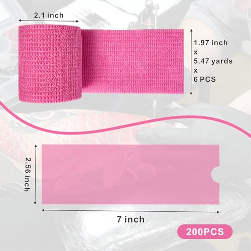 Tattoo Pen Covers 200PCS & 6 Rolls Grip Tape 2.56"x7" Pink - color: Pink