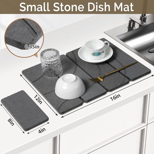 Small Stone Dish Drying Mat for Kitchen Counter, 2 PCS 16"×12" & 8"x4" Quick Dry Stone Mats, Foldable Water Absorbing Diatomite Drying Dish Pad for Countertop Bottles Utensils Cups(Carved Gray) - color: Carved Gray, size: 16" x 12"