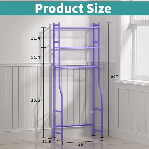 3-Tier Over The Toilet Storage Organizer, Space-Saving Bathroom Rack with Paper Holder & 4 Hooks, 64" Tall Freestanding Carbon Steel Shelf for Small Apartment Laundry Room (Purple) - color: E-purple