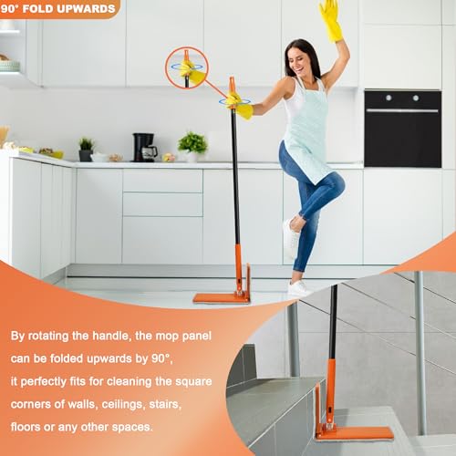 JEHONN Dust Mop for Hardwood Floors, Broom Duster with Unique 90° Foldable Panel, 2 Chenille and 2 Microfiber Pads, Dry Wet Flat Dustmop for Cleaning Vinyl, Laminate, Tile, Marble (Orange)