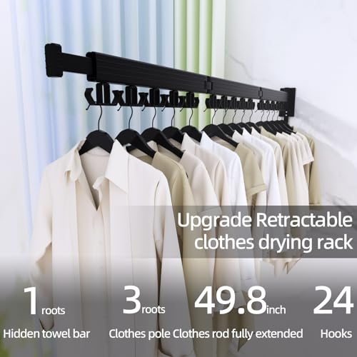 Kelisiting Clothes Drying Rack, Wall Mounted Laundry Drying Rack, Upgrade 3-Fold Foldable Collapsible Retractable Clothing Drying Rack with 12 Dual Hooks Organization for Laundry Room Indoor- Black - color: Black, size: 3-Fold-Upgrade