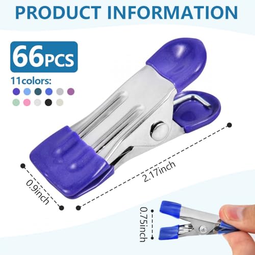 SenseYo 66 Pack Heavy Duty Clothes Pins 2.2 Inch Mini Chip Clips Bag Food Stainless Steel Clothes Pins with Rubber 11 Colors for Kitchen Photo Laundry Hanging Drying - size: 66
