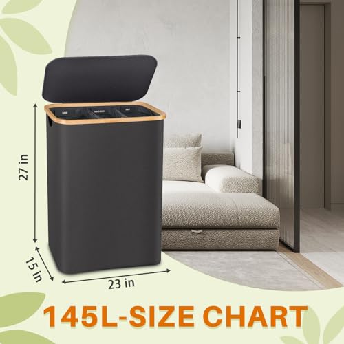145L Laundry Hamper with Lid, 3 Section Laundry Basket with 3 Removable Bag - color: Dark Grey, size: 145L