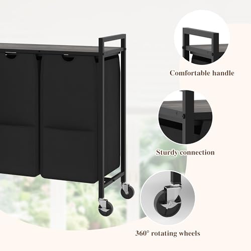 Laundry Sorter with Wheels, 3 Section, Grey Black - size: 3 Bags-120L / Gray + Black / w Wheels