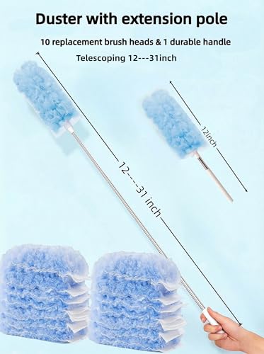 Heavy Duty Duster Refills, Disposable Dusters Kit for Cleaning Dusting Furniture Blind Ceiling Fan, Multi Surface 360 Feather Duster(10)+3FT Extended Handle(1) (Blue) - color: Blue